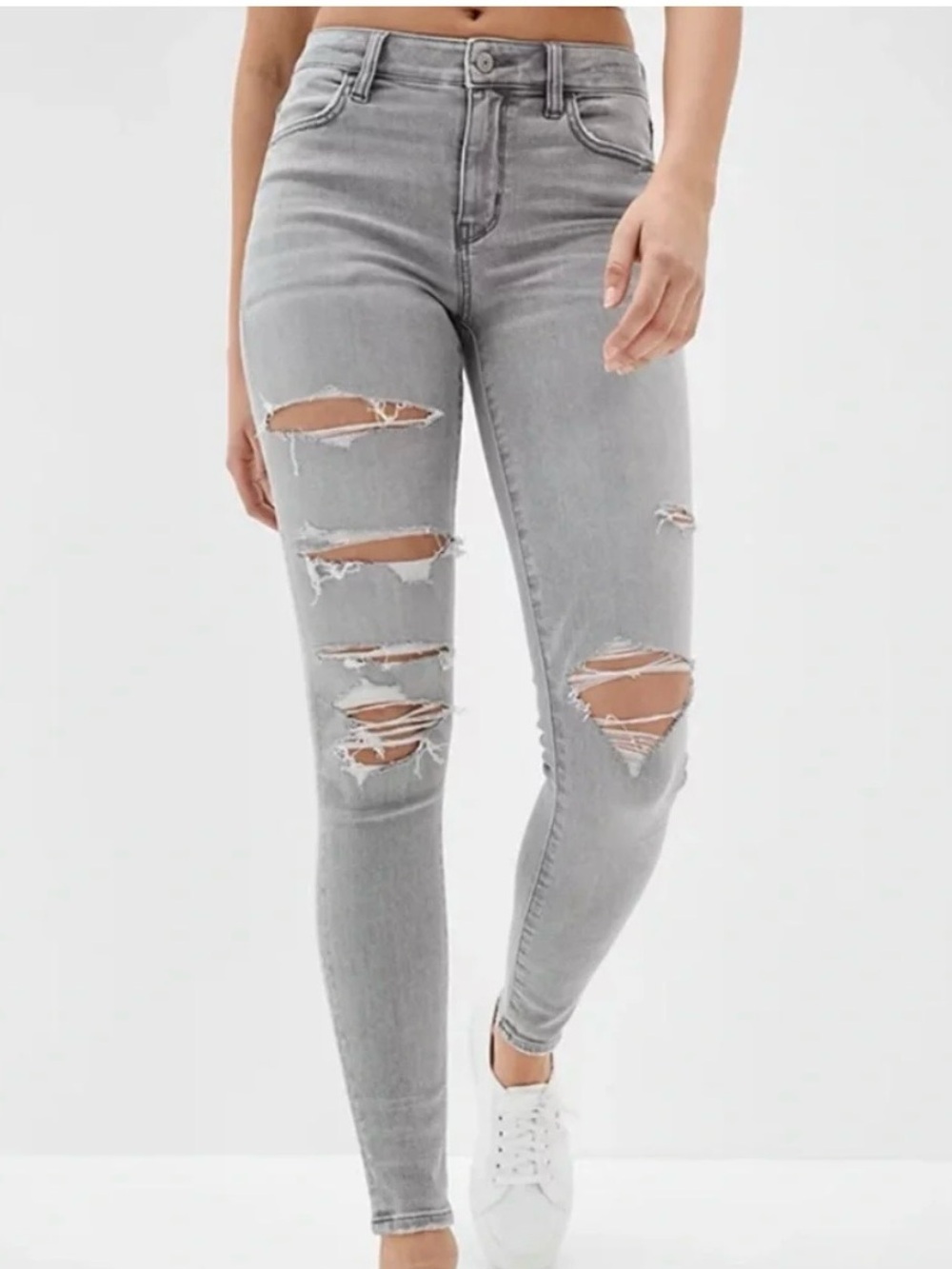American Eagle Outfitters Light Gray Ripped High-Rise Skinny Jeans